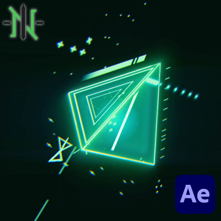 Visualización de una práctica de Motion Graphics en la que una pirámide con muchos efectos realiza diversas acciones