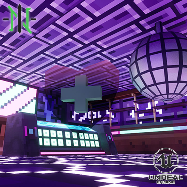 Set de modelos modulares 3D "Low Poly" con texturas pixel art para videojuegos, estilo pixel retro pop morado.