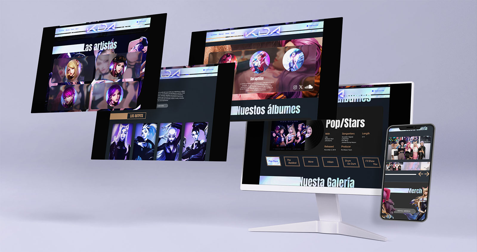 Mockup de alta fidelidad que muestra el sitio web de K/DA en un monitor de escritorio y un dispositivo móvil de última generación, resaltando la estética pop-premium y el diseño responsive.