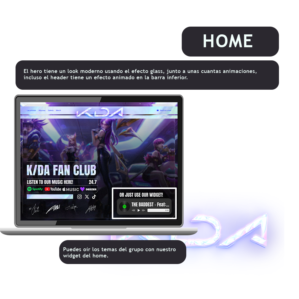 Página de inicio de la web K/DA con estética Liquid Glass, widget de música de Spotify y firmas de las integrantes.