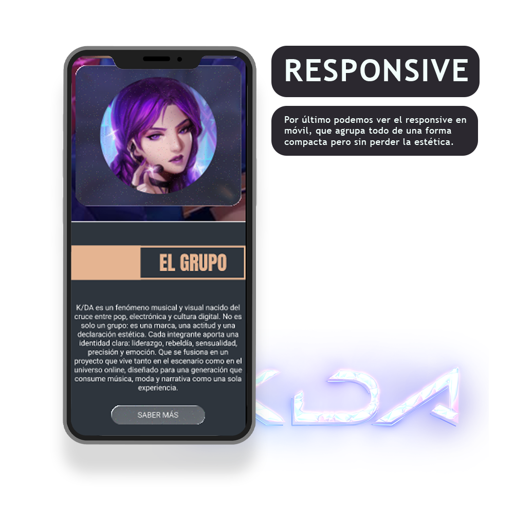 Vista de la web de K/DA adaptada a dispositivo móvil, mostrando el menú compacto y la navegación táctil optimizada.