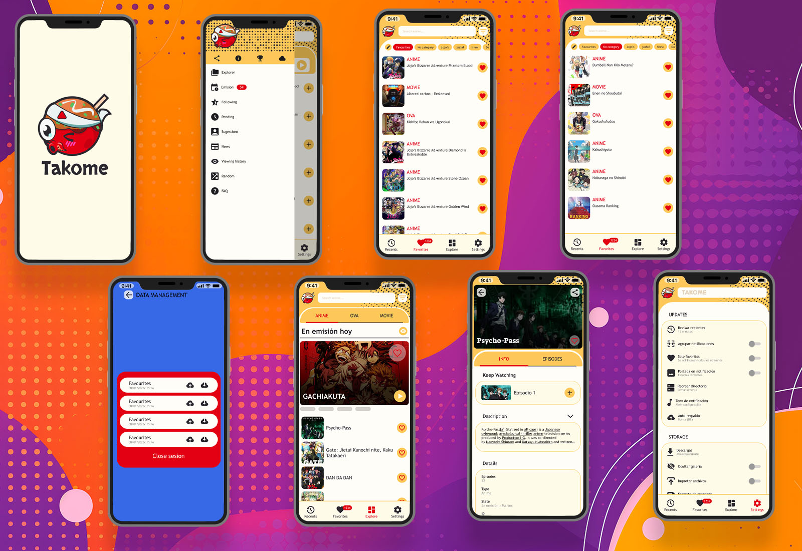 Mockup realista de un smartphone mostrando la interfaz de alta fidelidad de Takome, con la pantalla de inicio, sidebar, descubrimientos, gestión de datos, ficha de anime y settings.