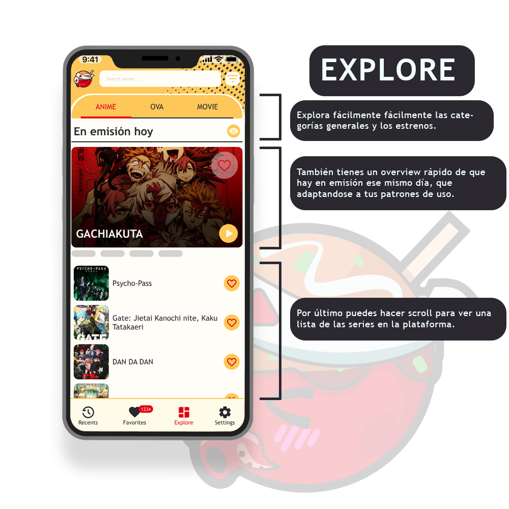Sección de exploración de Takome con selectores de categoría (Anime, OVA, Movie) y calendario de emisiones diarias.