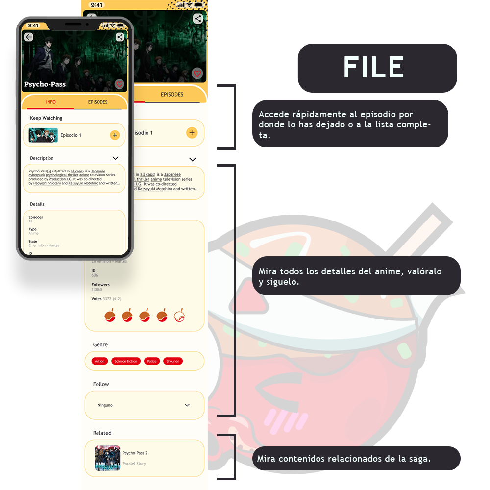 Vista detallada de un anime en Takome mostrando sinopsis, valoración, etiquetas y selector de pestañas entre información y capítulos.